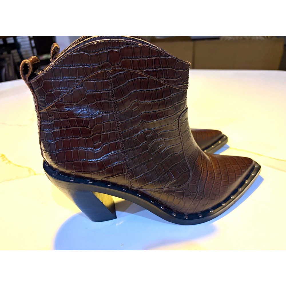 Rebecca Minkoff Brown Croc Embossed Studded Western Ankle Boots Women's 10